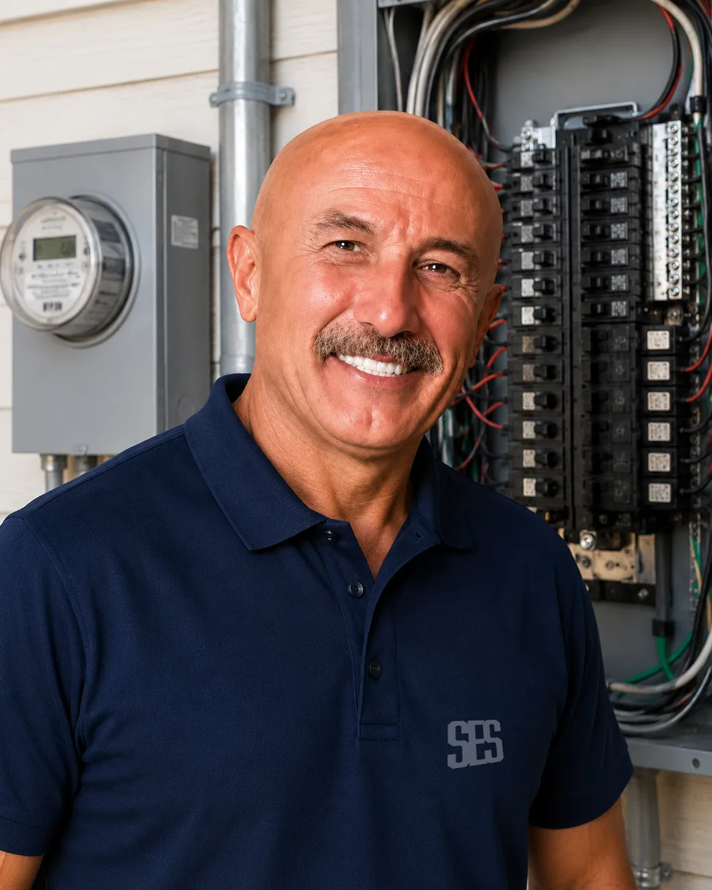 Sammy, licensed C-10 electrician and owner of Sammy Electrical Services, standing in front of a residential electrical panel